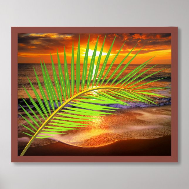 Ocean Beach & Sunset with Palm Leaf - Modern Sea Framed Art (Framed Front)