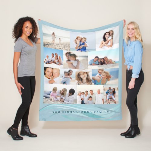 Ocean Beach Theme Family Photo Memory Collage Grid Fleece Blanket