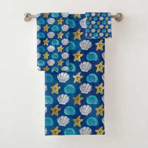 Ocean Beach Theme Seashells Starfish Gold Blue Bat Bath Towel Set