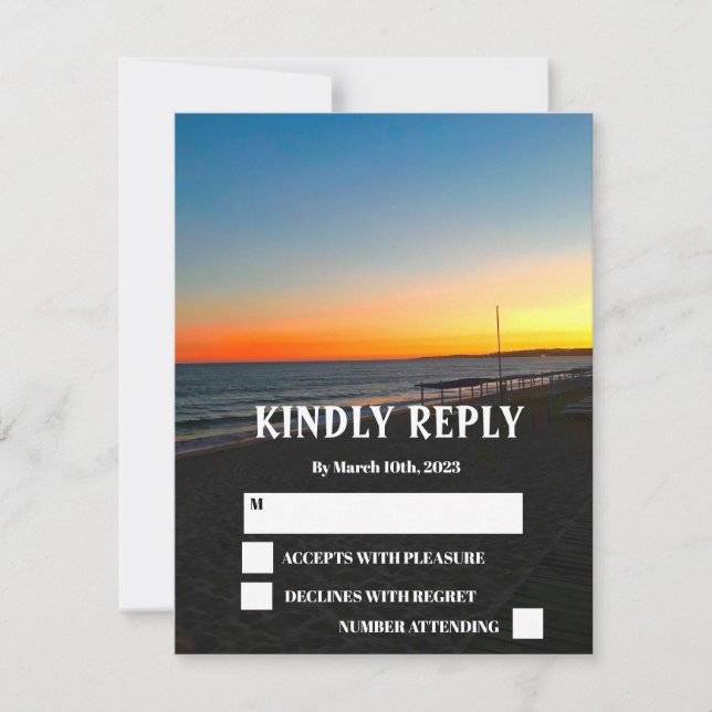 Ocean Beach Tropical Coastal Sunset Wedding RSVP (Front)