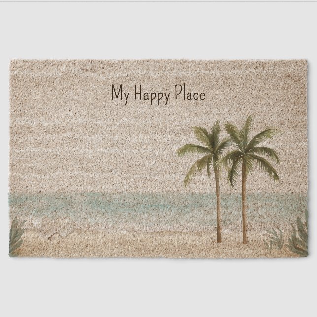 Ocean Beach Tropical Palm Trees Shells Fiber Doormat (Front)