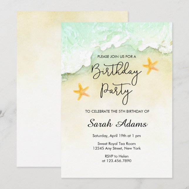 Ocean Beach Tropical Watercolor 5th Birthday Invitation (Front/Back)