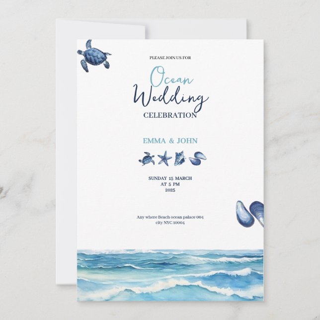 Ocean Beach vibes blue wedding invitation card (Front)