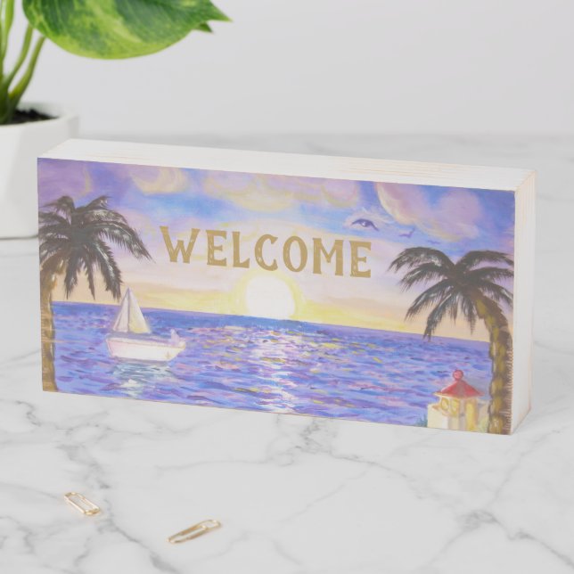 Ocean Beach View  Welcome Wooden Box Sign (In Situ Horizontal)