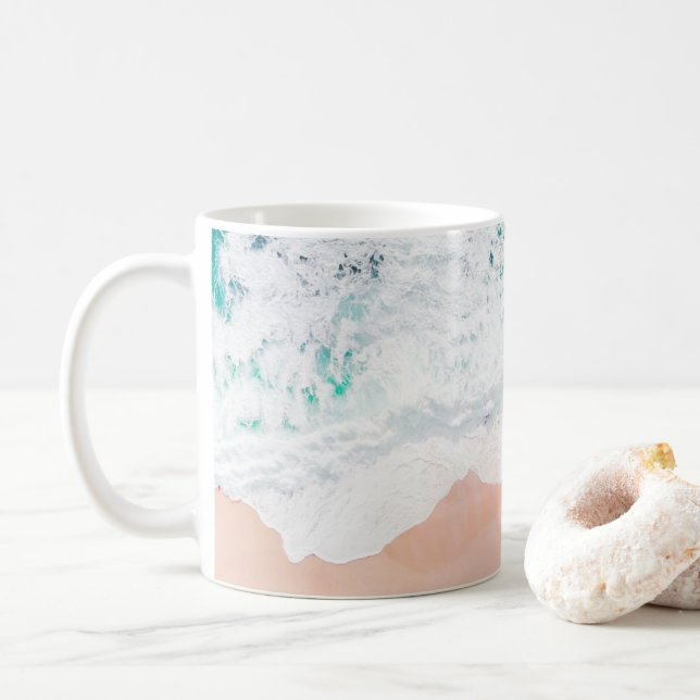 Ocean beach waves and pink sand nautical photo coffee mug (With Donut)