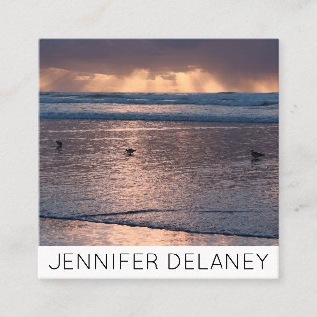 Ocean Beach Waves Birds Sunset Nature Photo Travel Square Business Card (Front)