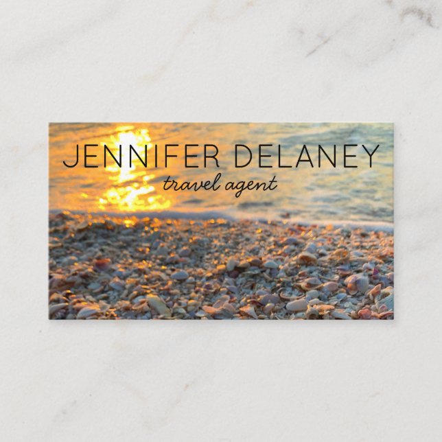Ocean Beach Waves Sunset Seashells Photo Travel  Business Card (Front)