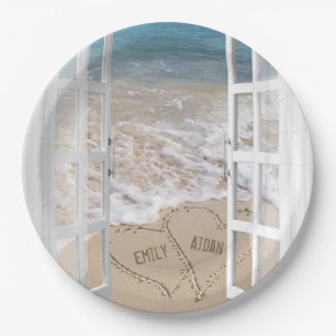 Ocean beach wedding hearts in window paper plates