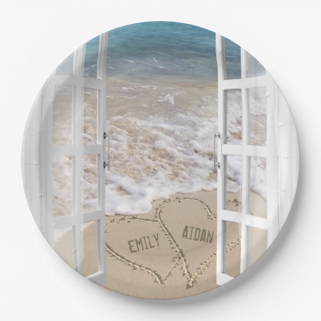Ocean beach wedding hearts in window paper plates (Front)