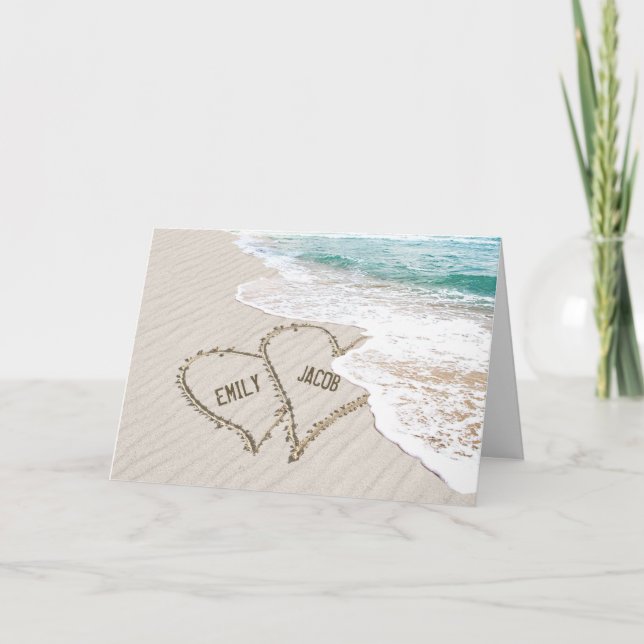 Ocean Beach Wedding Hearts with Names Card (Front)