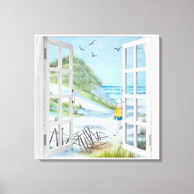 Ocean Beach Window Watercolor Canvas Print (Front)