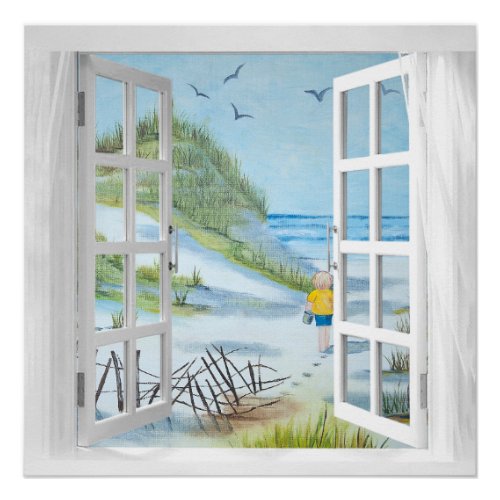 Ocean Beach Window Watercolor Poster