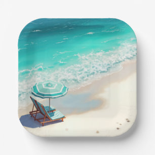 Ocean Beach With Chaise Lounge and Umbrella Paper Plates