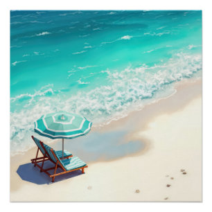 Ocean Beach With Chaise Lounge and Umbrella Poster