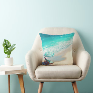 Ocean Beach With Chaise Lounge and Umbrella Throw Pillow