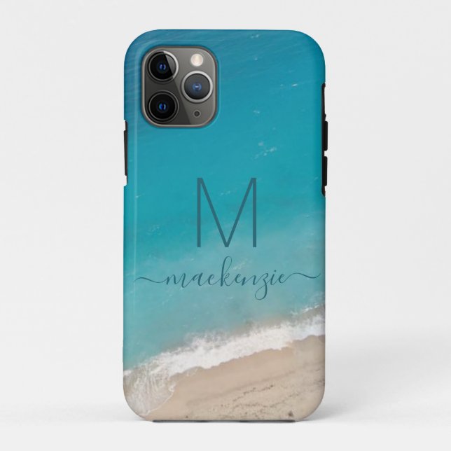 Ocean Beach with Teal Blue Monogram Personalized Case-Mate iPhone Case (Back)