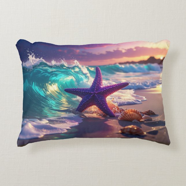 Ocean beach with violet starfish accent pillow (Front)
