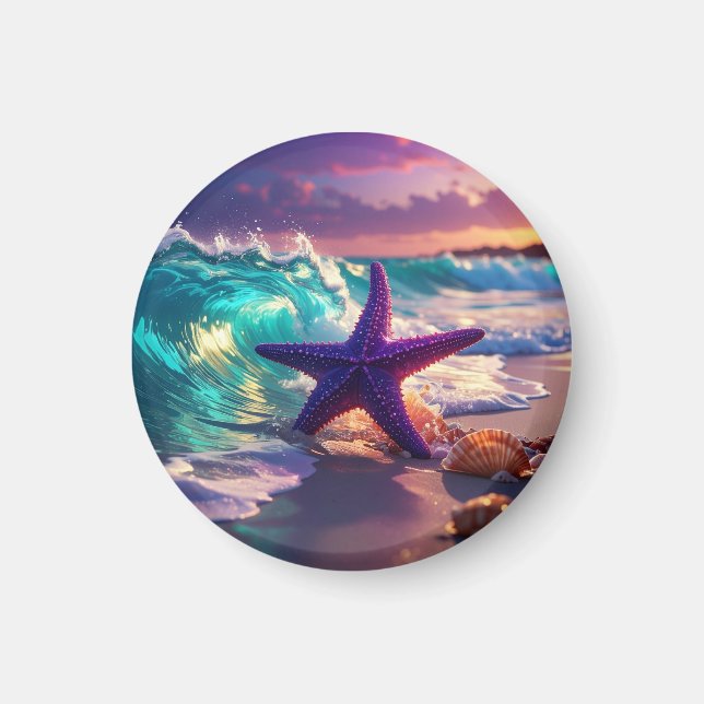 Ocean beach with violet starfish magnet (Front)