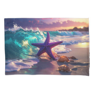 Ocean beach with violet starfish pillow case