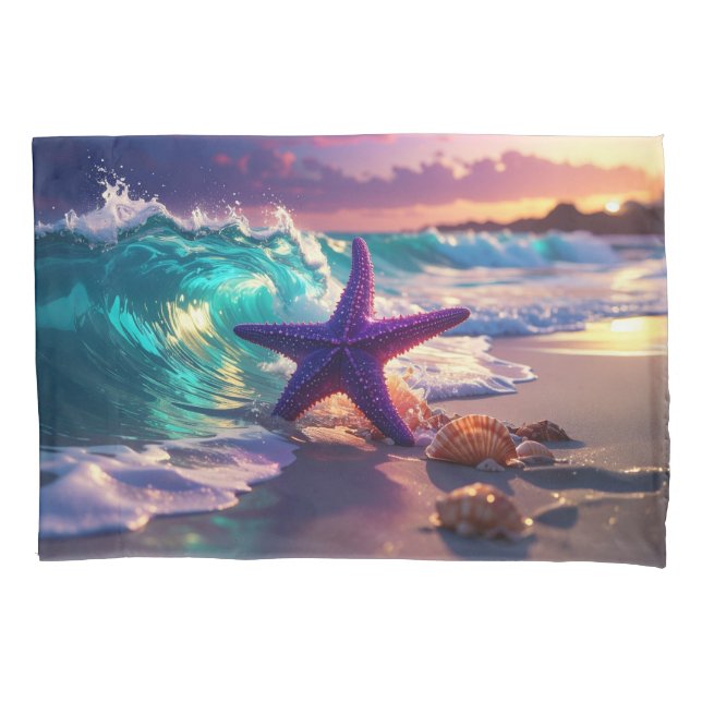 Ocean beach with violet starfish pillow case (Front)
