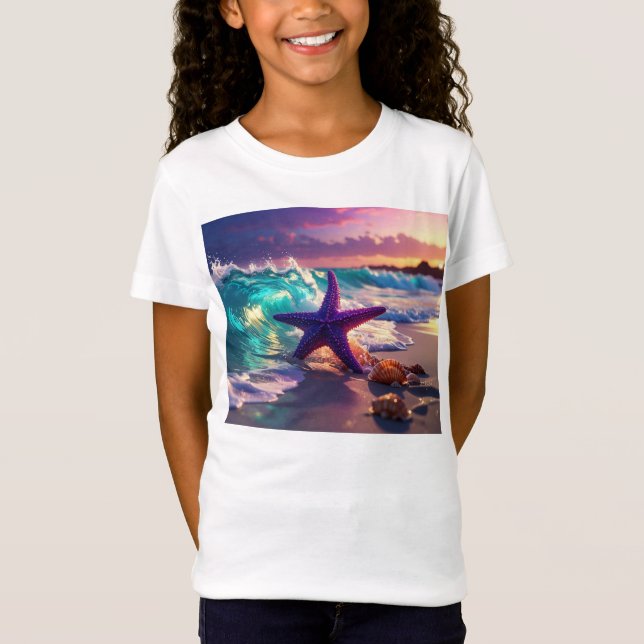 Ocean beach with violet starfish T-Shirt (Front)