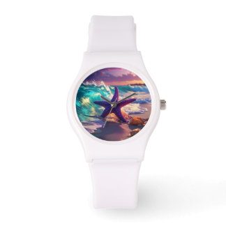 Ocean beach with violet starfish watch
