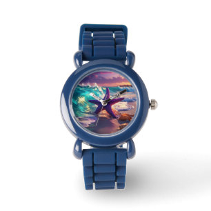 Ocean beach with violet starfish watch