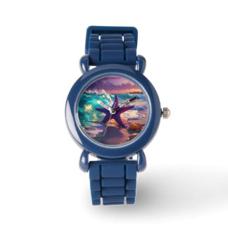 Ocean beach with violet starfish watch