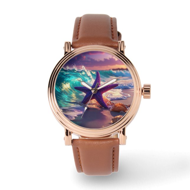 Ocean beach with violet starfish watch (Front)