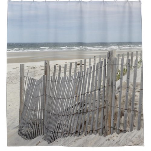 Ocean Beach with weathered fence Shower Curtain
