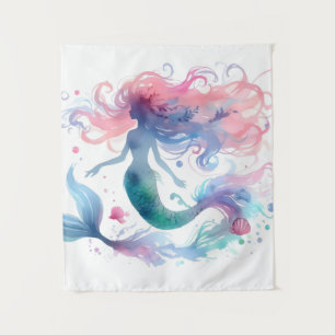 Ocean Beauty Watercolor Mermaid Art Tapestry