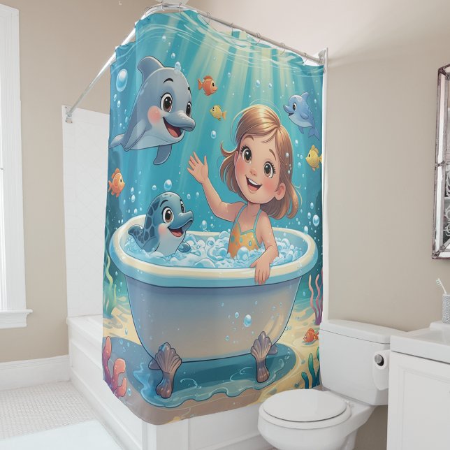 Ocean Bliss Bath Time girl cute dolphins Shower Curtain (Creator Uploaded)