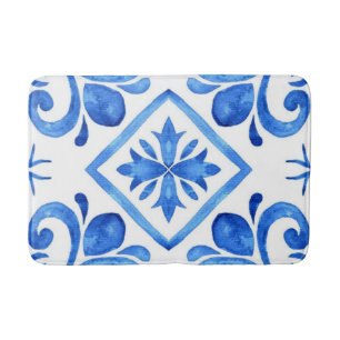 Ocean Bloom Blue Watercolor Floral Mosaic Bath Mat