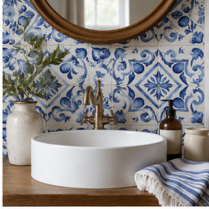 Ocean Bloom Blue Watercolor Floral Mosaic Ceramic Tile