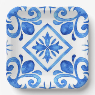 Ocean Bloom Blue Watercolor Floral Mosaic Paper Plates