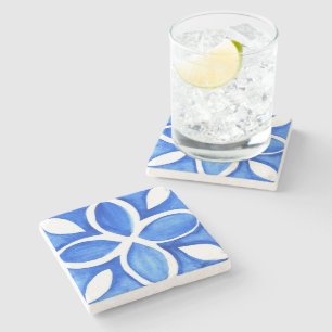 Ocean Bloom Portuguese Minimal Blue and White Stone Coaster