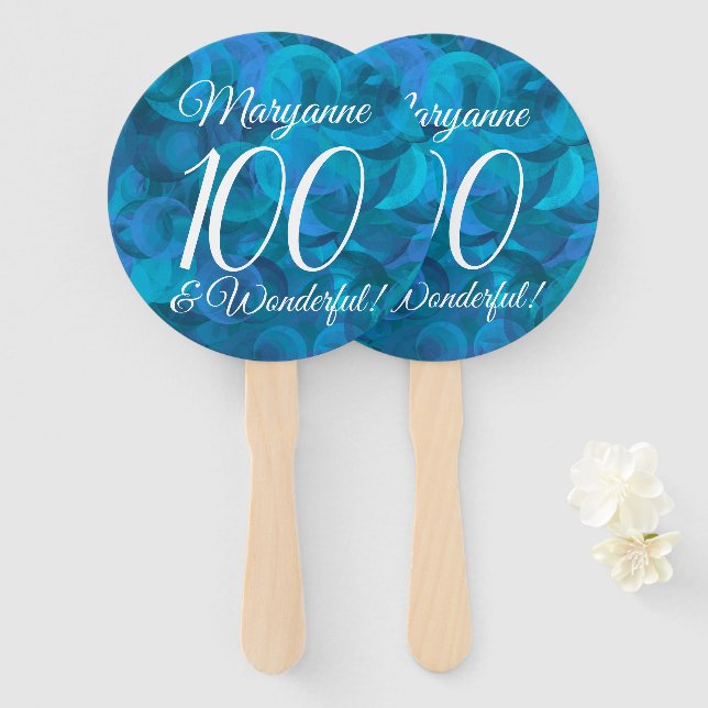 Ocean Blue 100 and Wonderful Birthday Party Hand Fan (Front and Back)