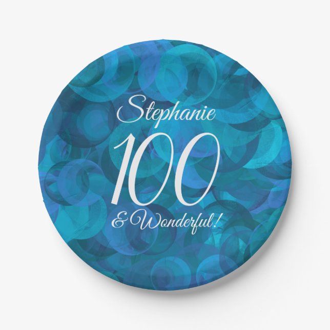 Ocean Blue 100 and Wonderful Birthday Party Paper Plates (Front)