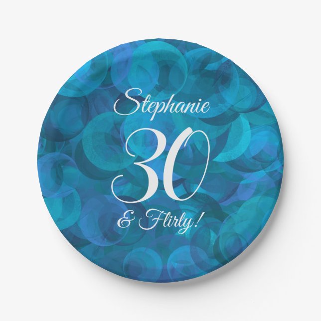 Ocean Blue 30 and Flirty Birthday Party Paper Plates (Front)