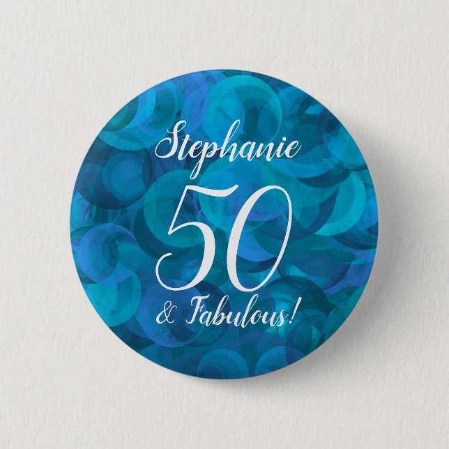 Ocean Blue 50 and Fabulous Birthday Party Button (Front)