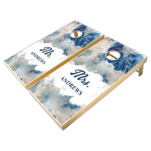 Ocean Blue Abstract Gold Glitter Wedding Cornhole Set