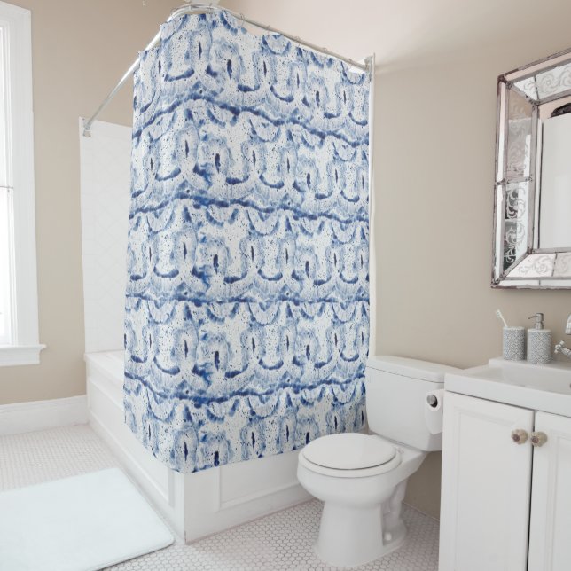 Ocean Blue Abstract Tie Dye Traditional Pattern Shower Curtain (In Situ)