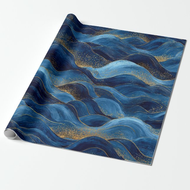 Ocean Blue Abstract Waves – Elegant Coastal Design Wrapping Paper (Unrolled)
