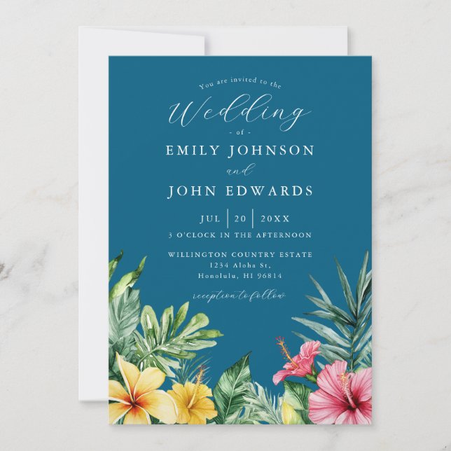 Ocean Blue All In One Tropical Flowers Wedding Invitation (Front)