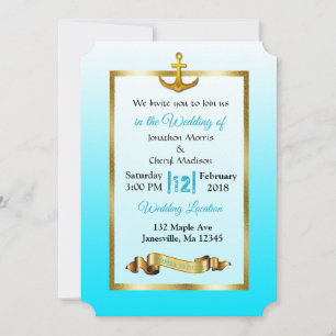 Ocean Blue Anchor Gold Wedding Invitation