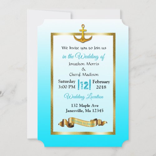 Ocean Blue Anchor  Gold Wedding Invitation