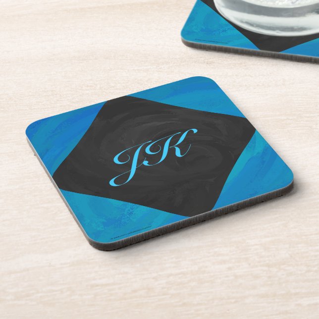 Ocean Blue and Black Monogram Drink Coaster (Left Side)