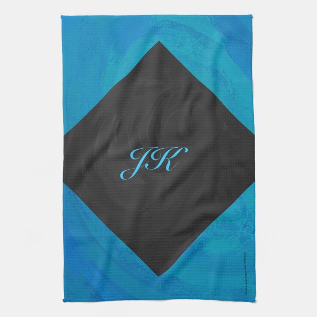 Ocean Blue and Black Monogram Kitchen Towel (Vertical)
