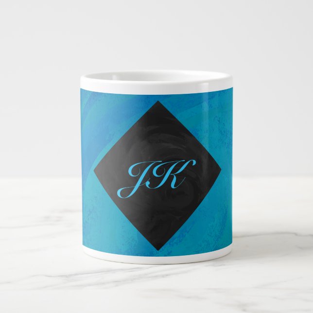 Ocean Blue and Black Monogram Large Coffee Mug (Front)
