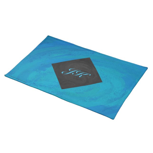 Ocean Blue and Black Monogram Placemat (On Table)